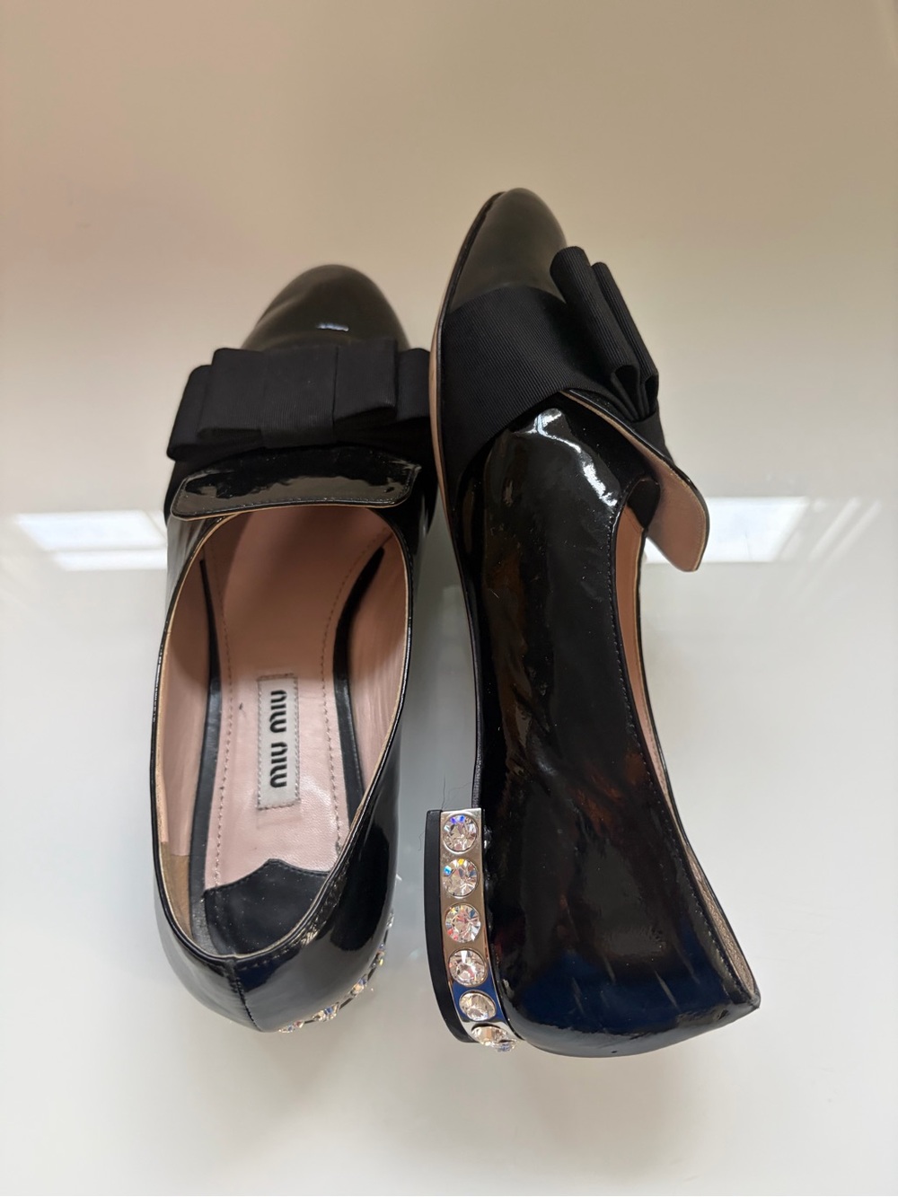 Authentic Miu Miu Black Patent Leather Bow Embellished Flats with Rhinestone